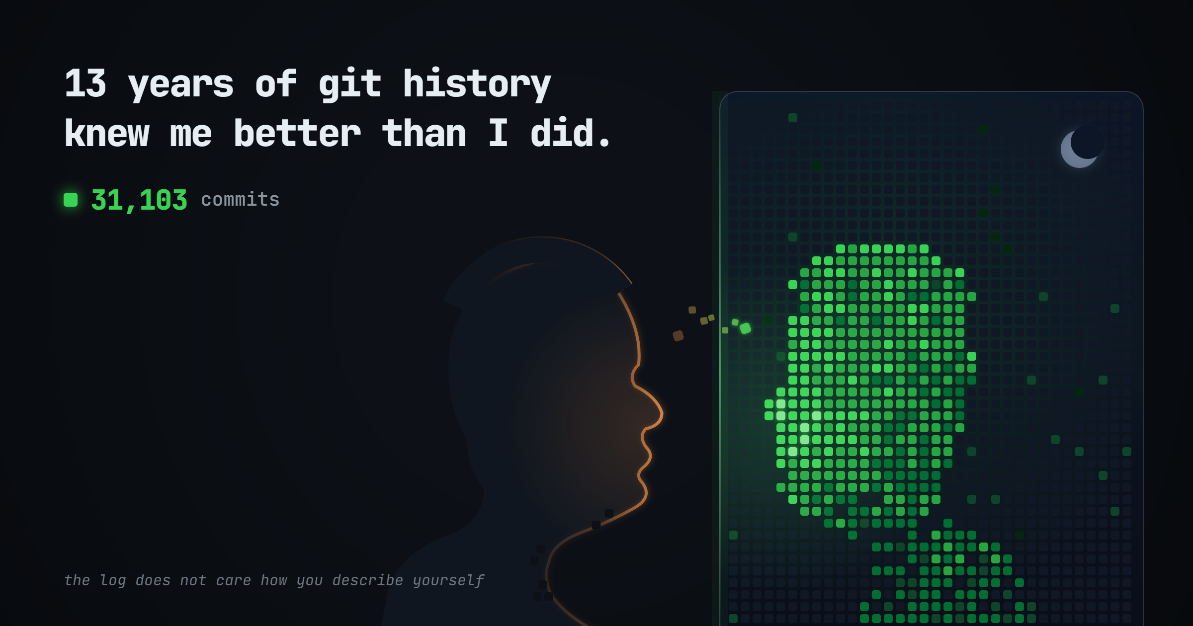 A developer silhouette facing a mirror whose reflection is built entirely of glowing green commit squares — 13 years of git history, 31,103 commits