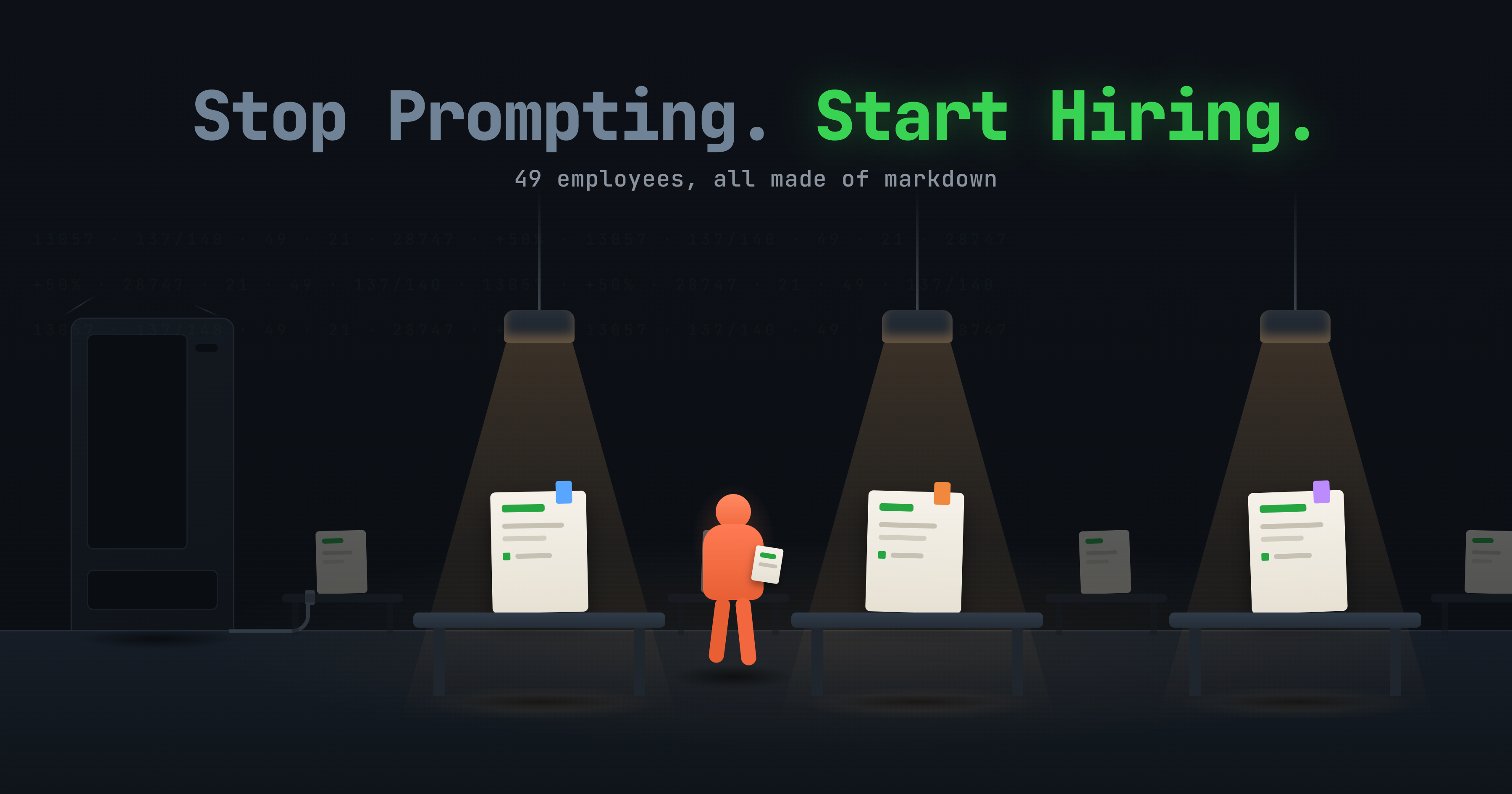 A dark office where markdown-file employees work under spotlights while an unplugged vending machine sits in the corner — 49 employees, all made of markdown